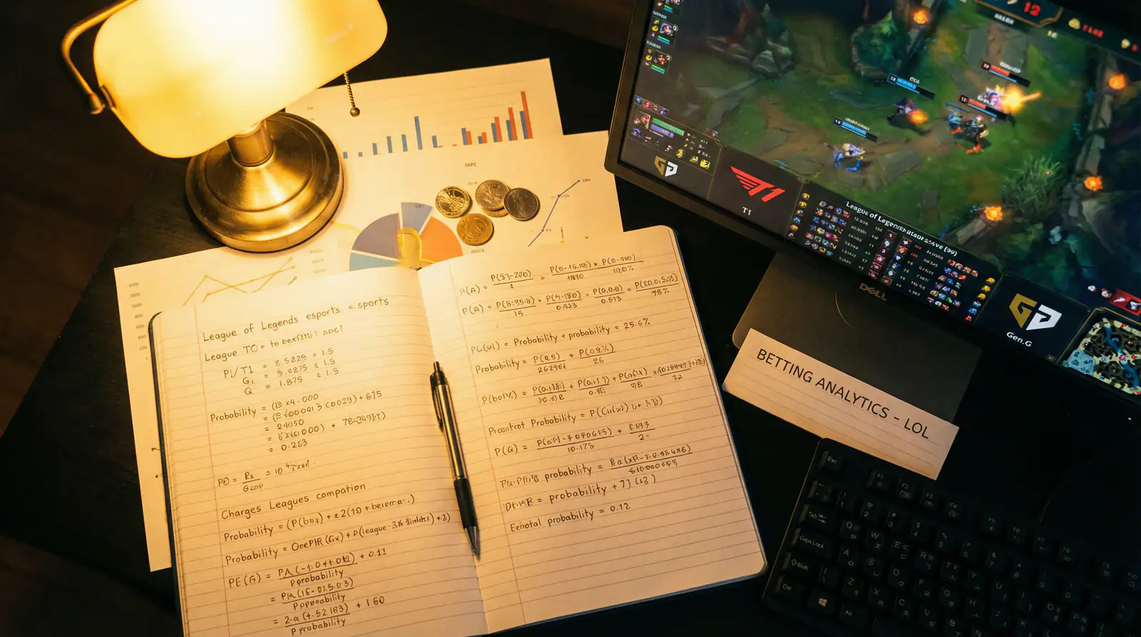 Notatnik z obliczeniami expected value obok monitora z meczem League of Legends